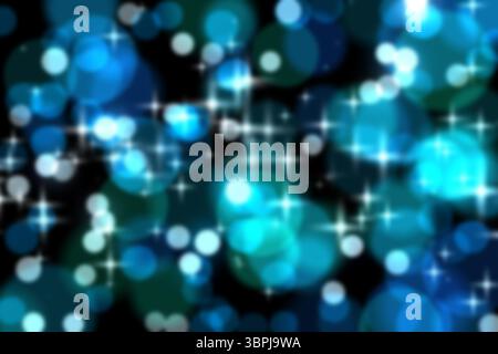 Das abstrakte Bokeh-Muster leuchtet flach und zeigt blaue grüne Kreise und funkelnde Sterne Stockfoto