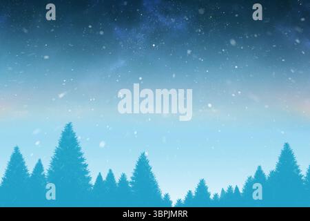 Flach gestaltete Winterwaldszene mit Silhouetten von Kiefern unter fallendem Schnee und Sternenhimmel Stockfoto