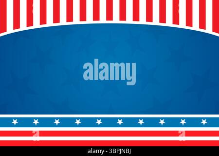 Das abstrakte patriotische Banner zeigt ein flaches Design mit blauem Sternstreifen in der Mitte und rot-weißen Balken Stockfoto