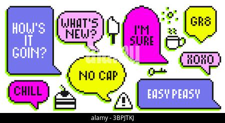 Helle Pixel-Sprechblasen in Neonfarben – farbenfrohe Dialogfelder mit gelegentlichen Textnachrichten, funkelnde Effekte, Tortensymbol für Retro-Gaming-Chats, Streaming-Overlays oder digitale Kommunikationsschnittstelle Stock Vektor