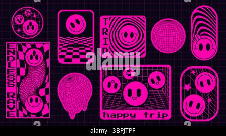 Pinkfarbenes Rave-Stickerset mit lächelnden Gesichtern - kreisförmiges Globus-Design, karierte Karte, trippiges Wirbelabzeichen, groovige, verdrehte Netztropfen, Happy Trip Box mit Emoticons für Party- und Techno-Events. Stock Vektor