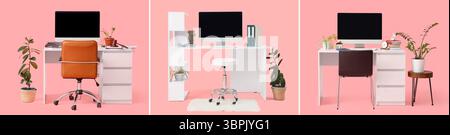 Collage moderner Arbeitsplätze mit Computermonitor auf rosa Hintergrund Stockfoto