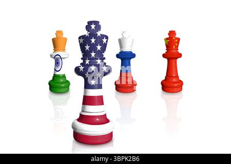 Schach aus Fahnen Russlands, Indiens, Chinas und der USA. USA-Sanktionen für russischen Krieg und Aggression in der Ukraine Stockfoto