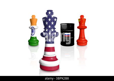 Schach aus den Flaggen Indiens, Chinas und der USA. USA-Sanktionen für russischen Krieg und Aggression in der Ukraine Stockfoto