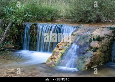 Kristallklares Wasser fließt über moosige Felsen und bildet einen malerischen kleinen Wasserfall in einem ruhigen Bach umgeben von üppiger Vegetation Stockfoto