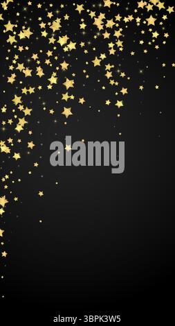 Überlagerung von magischen Sternen. Die goldenen Sterne sind zufällig verstreut, fallen herunter, schweben. Chaotische, traumhafte, kindliche Overlay-Vorlage. Bezaubernder Vektor mit magischen Sternen auf schwarzem Hintergrund. Stock Vektor