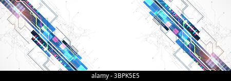 Technologischer Hintergrund mit bunten Quadraten, die auf einem blauen Farbverlauf leuchten. Vektor. Stock Vektor