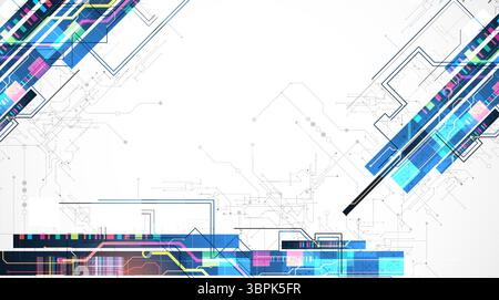 Technologischer Hintergrund mit bunten Quadraten, die auf einem blauen Farbverlauf leuchten. Vektor. Stock Vektor