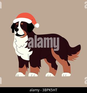 Entzückender Berner Sennenhund mit rotem Weihnachtsmann-Hut. Festliche Zeichentrickillustration auf beigefarbenem Hintergrund. Perfekt für Weihnachtskarten, Wintertier Stock Vektor