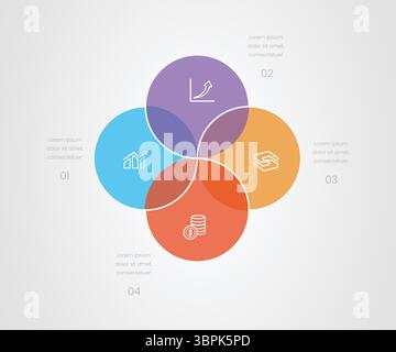 4 Überlappende Kreisgrafik – Diagramm Zur Darstellung Von Geschäftssegmenten Und Prozessen Stock Vektor