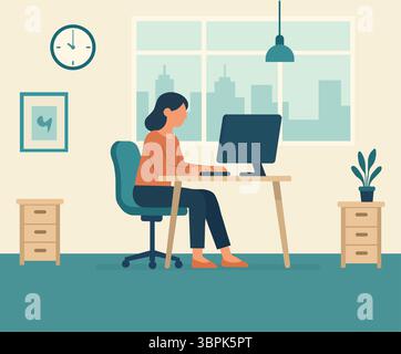 Frau, die an Laptop arbeitet – Vektorillustration, die am Schreibtisch und Stuhl sitzt Stock Vektor