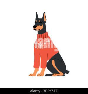 Eleganter Doberman mit rotem Urlaubspullover mit Schneeflockenmuster. Flacher Zeichentrickstil auf weißem Hintergrund. Perfekt für Weihnachtskarten, Wintertier Stock Vektor