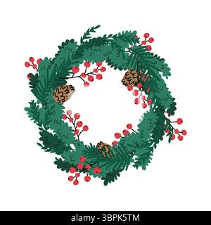 Weihnachtskranz Illustration. Handgezeichnete immergrüne Zweige, rote Beeren und Tannenzapfen. Festliches Weihnachtsdekor in flachem Cartoon-Stil auf weiß Stock Vektor
