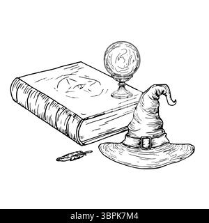 Grimoire und magische Kristallkugel, Hexenhut, schwarz-weiße Tinte Skizze. Vektorabbildung. Ein mystisches Halloween-Gefolge, isoliert auf einem Weißen Stock Vektor