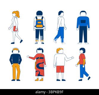 Verschiedene moderne gesichtslose Menschen in verschiedenen Posen und Outfits 2D-Zeichentrickfiguren Set Stock Vektor