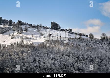 Schneebedeckter Hügel mit traditionellen Chalets und Bäumen unter einem klaren blauen Himmel in der Schweiz Stockfoto
