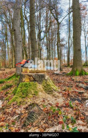 Kettensäge auf einem abgesägten Baumstumpf im Wald, Deutschland, Nordrhein-Westfalen, Sauerland Stockfoto