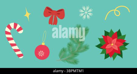 Handgezeichnetes Candy Cane Weihnachtsstern Schneeflocken Kiefernzweige Ball Ribbon Baw Weihnachtsdesign-Elemente-Set. Isolierte Vektor-Illustration Weihnachtsfeiertag festliche thematische Karten Banner, Faltblätter, Etikett, Tag Stock Vektor