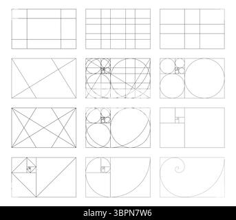 Vorlage „Golden Ratio“. Goldener Abschnitt der Methode. Set von Harmonieproportionen Rechtecken. Vektorkontur, Abbildung. Fibonacci-Array, Zahlen. Sammlung Stock Vektor