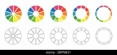 Kreisschnittdiagramm. Set von Donut-Diagrammen, Torten segmentiert auf 10 gleiche Teile. Räder in zehn Abschnitte unterteilt. Diagramme Infografik mehrfarbig Stock Vektor