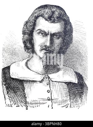 Evangelista Torricelli (* 15. Oktober 1608 bis 25. Oktober 1647) war ein italienischer Physiker und Mathematiker, der sich mit der digitalen Wiedergabe eines Originals aus dem 19. Jahrhundert befasst Stockfoto