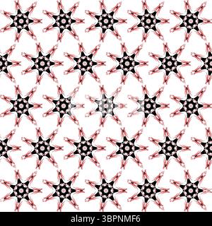 Ein nahtloses, sich wiederholendes Muster mit stilisierten, sternähnlichen oder floralen Motiven in Schwarz-, weiß- und dezenten rosa-roten Konturen. Stockfoto