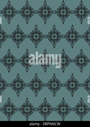 Ein nahtloses, sich wiederholendes Muster auf gedämpftem blaugrün- oder graugrünem Hintergrund mit komplexen schwarzen linearen Designs, die in horizontalen Reihen angeordnet sind. Stockfoto