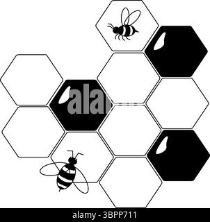 Bienen- und Bienenwabenkomposition. Vektorgrafik-Strichdarstellung. Silhouettenzeichen für Logo, Druck, Comics, Mode, Pop Art, Bretter, Design, Aufkleber Stock Vektor