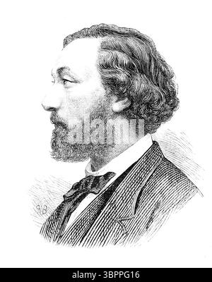 Leon Michel Gambetta (* 2. April 1838 – 31. Dezember 1882) war ein französischer Politiker. Er war einer der Gründungsväter der Dritten Republik und von 1881 bis 1882 Premierminister. Historische Reproduktion eines Originals mit einer Szene aus dem 19. Jahrhundert. Stockfoto