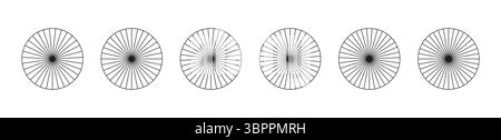 Sammlung segmentierter Diagramme. Viele Sektoren teilen den Kreis auf gleiche Teile. Schmale schwarze Grafiken umreißen. Set mit Kuchen, Pizzakarten. Vektor Stock Vektor