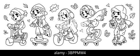 Fünf fröhliche Kinder fahren Motorroller, Fahrräder und Skates in gemütlichen Herbstoutfits. Schwarzweiß-Umrisszeichnung zum Ausmalen von Seiten und für Aktivitäten für Kinder. Stock Vektor