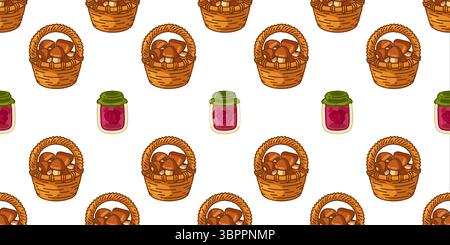 Herbsternte Korbmuster. Nahtloses Muster mit Pilzkörben und Beerenkonfitüre. Gemütlicher flacher Stil mit warmen Herbsttönen auf einem hellen Licht Stock Vektor