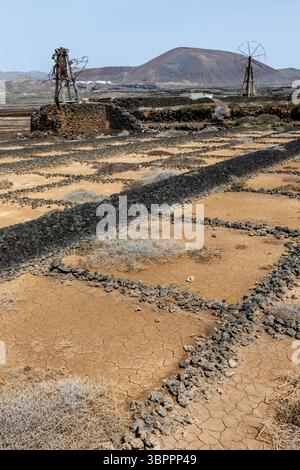 Verlassene Salinen mit verfallenen Pumpwindmühlen, Salinas de los Agujeros, Los Cocoteros, Lanzarote, Kanarische Inseln, Spanien Stockfoto