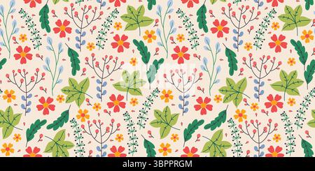 Nahtloses Blumenmuster mit handgezeichneten bunten Wildblumen, Blättern und Beeren auf einem cremefarbenen Hintergrund. Botanischer Hintergrund perfekt zum Drucken Stock Vektor