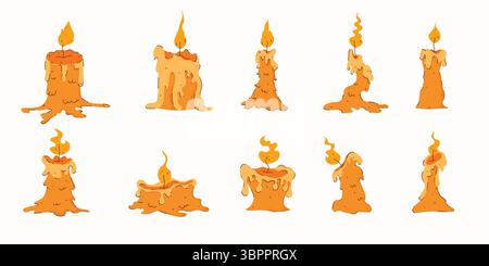 Gruselig Geschmolzene Halloween-Kerzen-Clipart-Set. Handgezeichnete tropfende Wachskerzen mit Flammen. Perfekt für gruselige Karten, Banner, Einladungen, Web. Stock Vektor