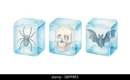 Gruselige Eiswürfel mit Spinne, Schädel und Fledermaus – Frozen Halloween Deko Stockfoto