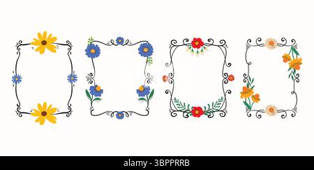 Handgezeichneter Rahmen mit niedlichen bunten Blumenköpfen und Blättern. Vintage-Kritzelrand perfekt für Einladungen, Etiketten, Karten und Web Stock Vektor