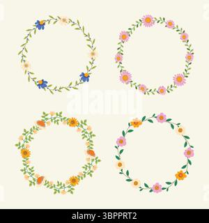Schöne Handgezeichnete Blumenkränze Kollektion. Zarte Blumenkronen mit Frühlings- und Sommerelementen. Perfekt für Einladungen, Karten, Logos, Druck, Web Stock Vektor