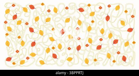 Handgezeichnetes Herbstbanner mit verspielten Squiggle-Linien, Blättern und Blumen. Verdrehte Reben mit niedlichen Blumenköpfen und Laub, ideal für Banner und Poster Stock Vektor