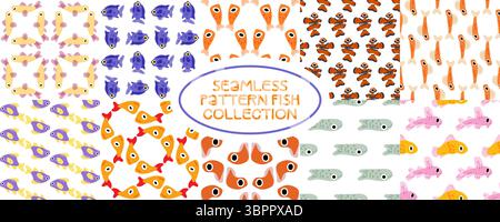 Nahtlose Cartoon-Fischmuster-Kollektion Stock Vektor