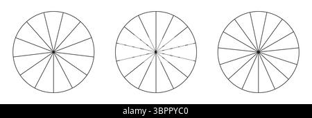 Sammlung segmentierter Diagramme isoliert auf weißem Hintergrund. Viele Sektoren teilen den Kreis auf gleiche Teile. Schwarzer dünner Vektor umrahmen Stock Vektor