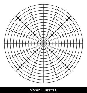 Polares Raster aus 16 Segmenten und 12 konzentrischen Kreisen. Kreisdiagramm der Balance des Lebensstils. Vorlage „Rad der Lebensdauer“. Leeres Polar Graph-Papier. Coaching Stock Vektor
