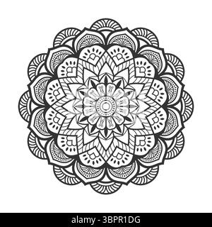 Mandala Art Vector kompliziertes Schwarz-weiß-geometrisches Blumendesign für Malseiten und Meditation. Stock Vektor