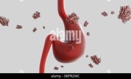 3D-Darstellung von Streuleptinmolekülen und menschlichem Magen. Stockfoto