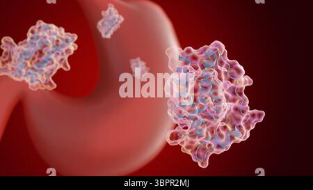 3D-Darstellung von Streuleptinmolekülen und menschlichem Magen. Stockfoto