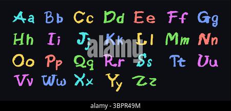 Buntes englisches Alphabet, handgezeichnet in einem Buntstift. Großbuchstaben und Kleinbuchstaben in Kreide, Pastellfarben oder Wachs. Textmarker-Effekt an Bord für Stock Vektor