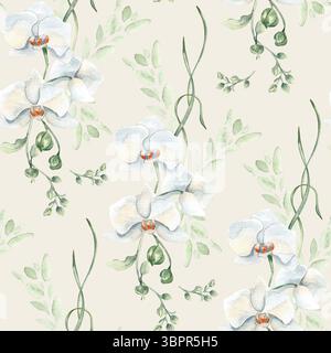 Weiche weiße Blumen Orchideen, Knospen und luftiges Blattaquarell wiederholen das isolierte Design. Helles botanisches nahtloses Muster, handgemalt für die Frühlingshochzeit Stockfoto