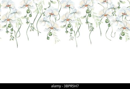Nahtlose weiße Orchideenkante in Aquarellfarben mit Blumen, lockigen Stielen und botanischen Blättern, die von Hand isoliert gezeichnet wurden. Romantisches Blumendesign mit wiederholten Kanten Stockfoto