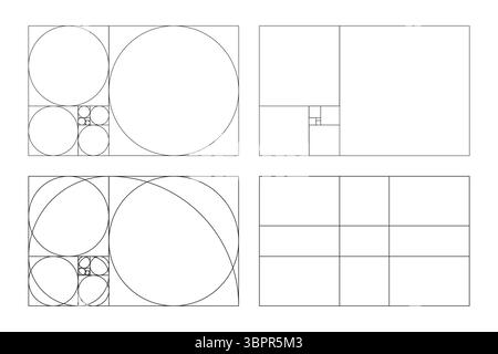 Vorlage „Golden Ratio“. Goldener Abschnitt der Methode. Fibonacci-Array, Zahlen. Set mit harmonischen Proportionen Formen. Kontursymbole. Vektorgrafik Stock Vektor