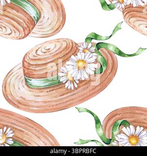 Ein feminines nahtloses Muster mit handgezeichneten Strohhüten und Gänseblümchen. Aquarellabbildung auf weißem Hintergrund. Wunderschönes nahtloses Design Stockfoto